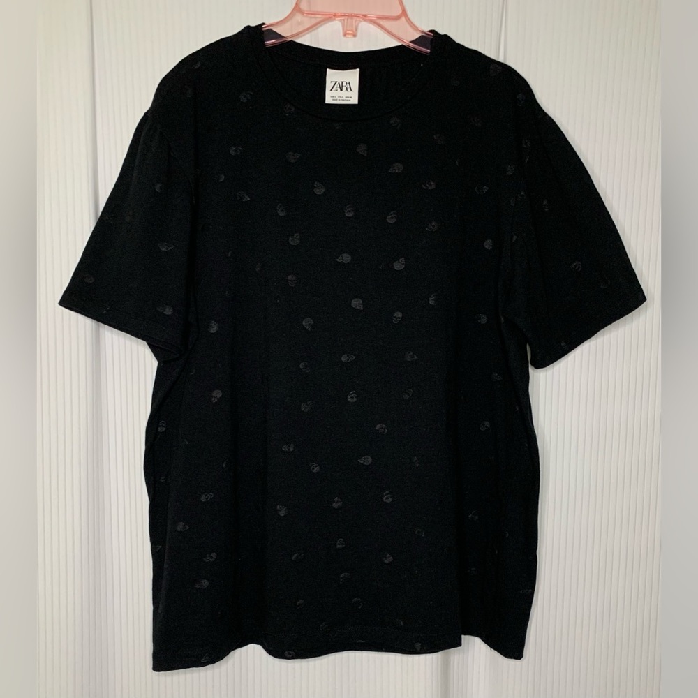 Zara Mens Skull Print Detail Shirt Short Sleeve Black on Black Size Large